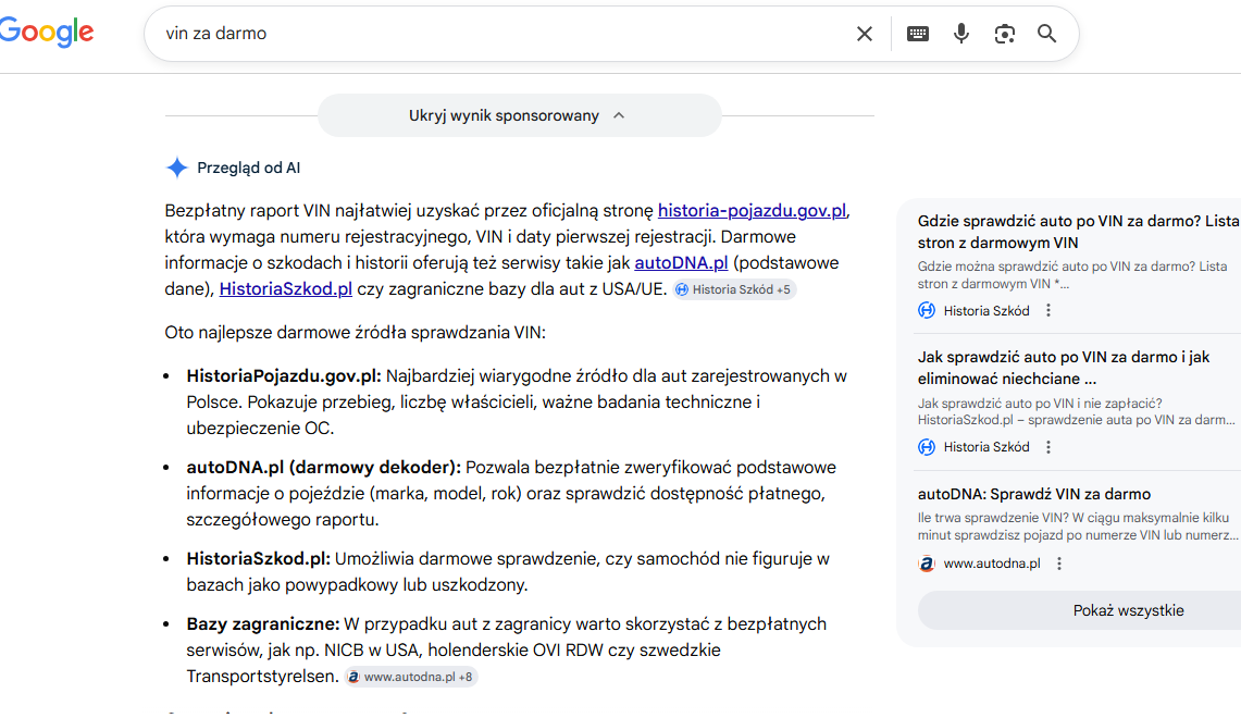 darmowy raport po VIN prawdziwe strony