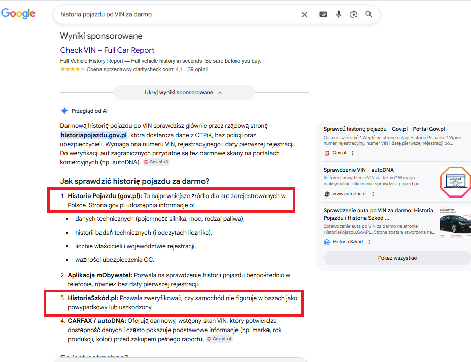 sprawdzenie auta po vin za darmo
